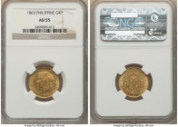Spanish Colony. Isabel II gold 4 Pesos 1863 AU55 NGC, Manila mint, KM144, Cal-856. Existing reflection displayed beneath a lightly circulated example ...