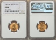 Nicholas II gold 5 Roubles 1903-AP MS66 NGC, St. Petersburg mint, KM-Y62. Immaculate selection graced with radiant luster. 

HID09801242017

© 2022 He...