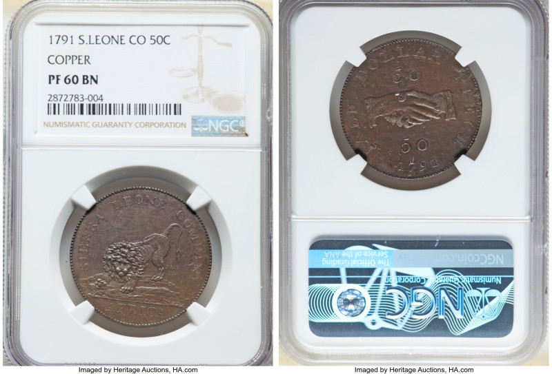 British Colony. Sierra Leone Company copper Proof 50 Cents 1791 PR60 Brown NGC, ...