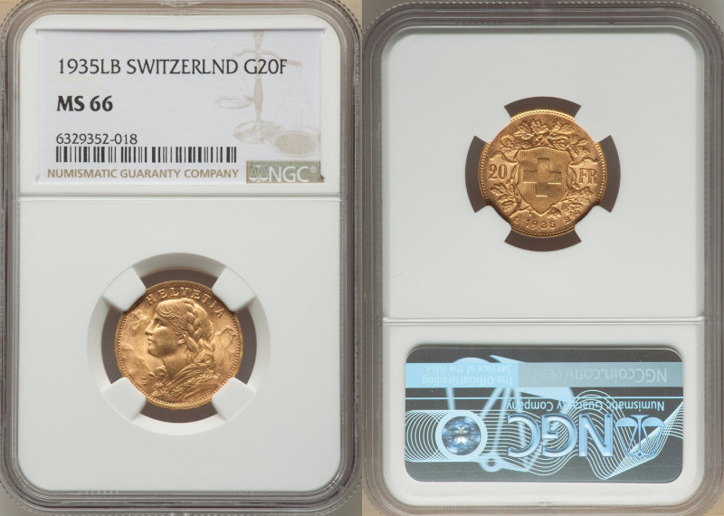 Confederation gold 20 Francs 1935-LB MS66 NGC, Bern mint, KM35.1, Fr-499. An exq...