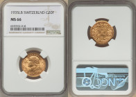 Confederation gold 20 Francs 1935-LB MS66 NGC, Bern mint, KM35.1, Fr-499. An exquisite selection boasting exceptional luster and clarity of strike. 

...