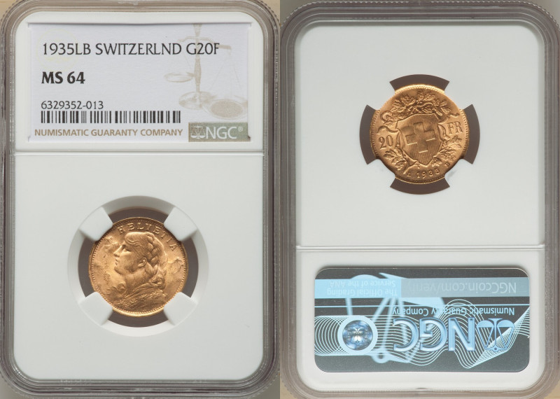 Confederation gold 20 Francs 1935-LB MS64 NGC, Bern mint, KM35.1, Fr-499. Aesthe...