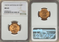 Confederation gold 20 Francs 1947-B MS65 NGC, Bern mint, KM35.2, Fr-499. 

HID09801242017

© 2022 Heritage Auctions | All Rights Reserved