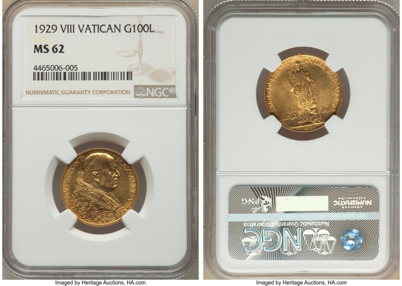 Pius XI gold 100 Lire Anno VIII (1929) MS62 NGC, KM9, Fr-283. Mintage: 10,000. F...