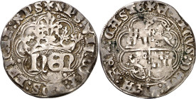 Enrique IV (1454-1474). Burgos. Medio real de anagrama. (Imperatrix E4:29.2, mismo ejemplar) (AB. 719 var). La E de RENAT rectificada sobre una R. Ex ...