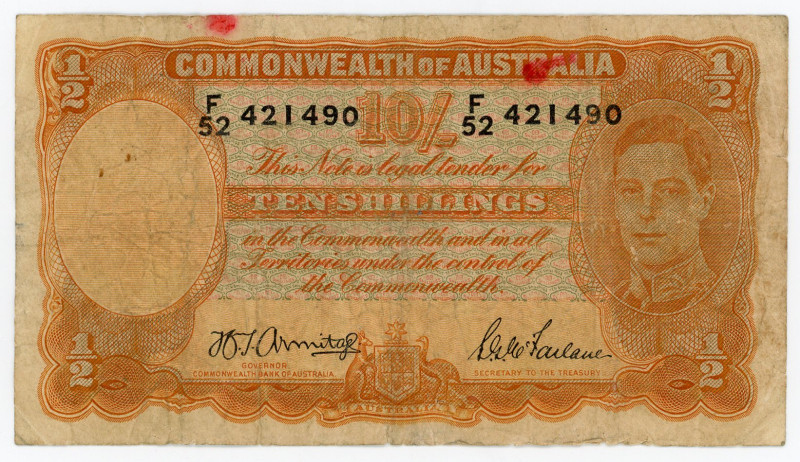 Australia 10 Schillings 1939 (1942) (ND)
P# 25b, N# 202341; # F/52 421490; VG