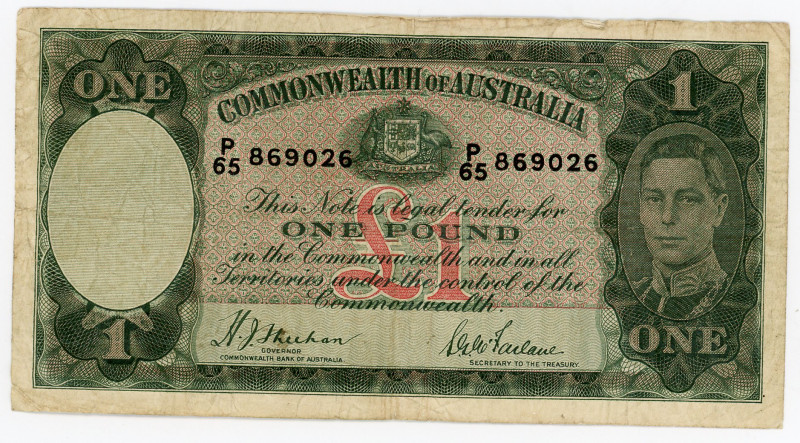 Australia 1 Pound 1938 (ND)
P# 26a, N# 202348; # P/65 869026; VG