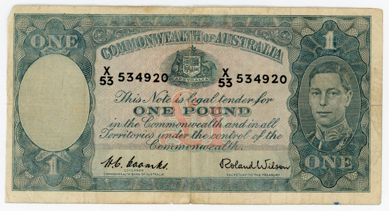 Australia 1 Pound 1938 (1952) (ND) Rare Signature 
P# 26d, N# 202348; X 53 5349...