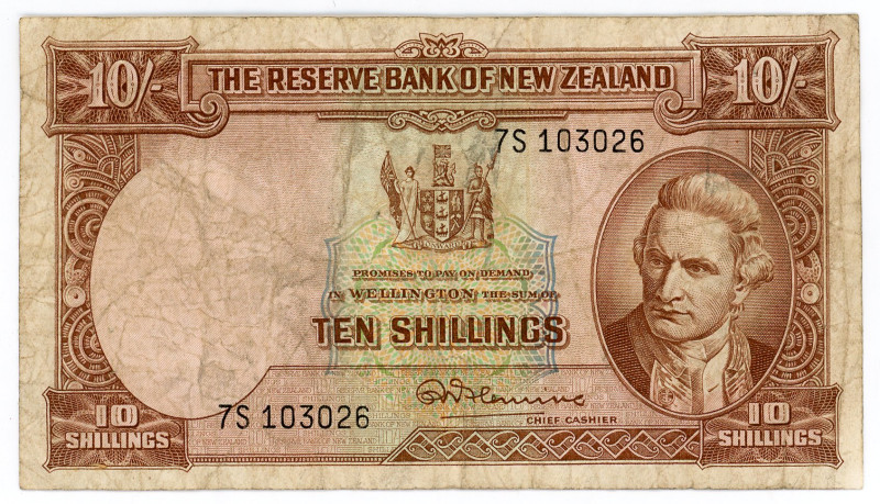 New Zealand 10 Shillings 1956 - 1967 (ND)
P# 158c, N# 204076; # 7S 103026; VG