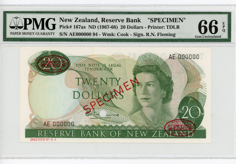 New Zealand 20 Dollars 1967 - 1968 (ND) Specimen PMG 66 EPQ
P# 167as, N# 210519...