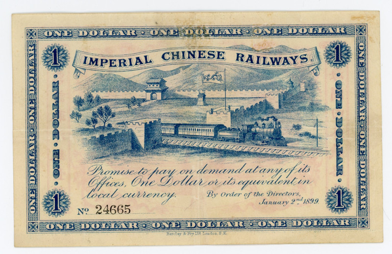 China Imperial Chinese Railways 1 Dollar 1899
P# A59, N# 319747; # 24665; VF-