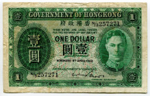 Hong Kong 1 Dollar 1949
P# 324a, N# 207378; # N/3 257271; VF