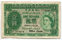 Hong Kong 1 Dollar 1954
P# 324Aa, N# 204092; # 1/C 775979; XF