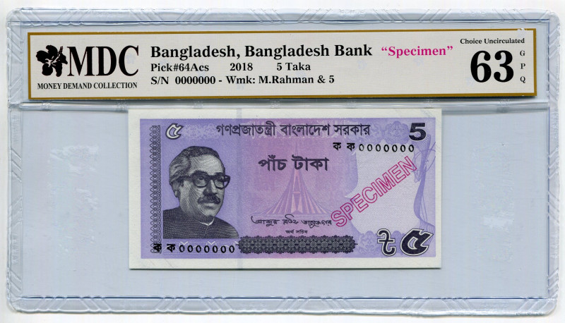 Bangladesh 5 Taka 2018 Specimen MDC 63GPQ
P# 64Acs, N# 235203; # 0000000