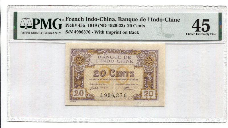 French Indochina 20 Cents 1919 (1920 - 1923) (ND) PMG 45
P# 45a, N# 292238; #49...