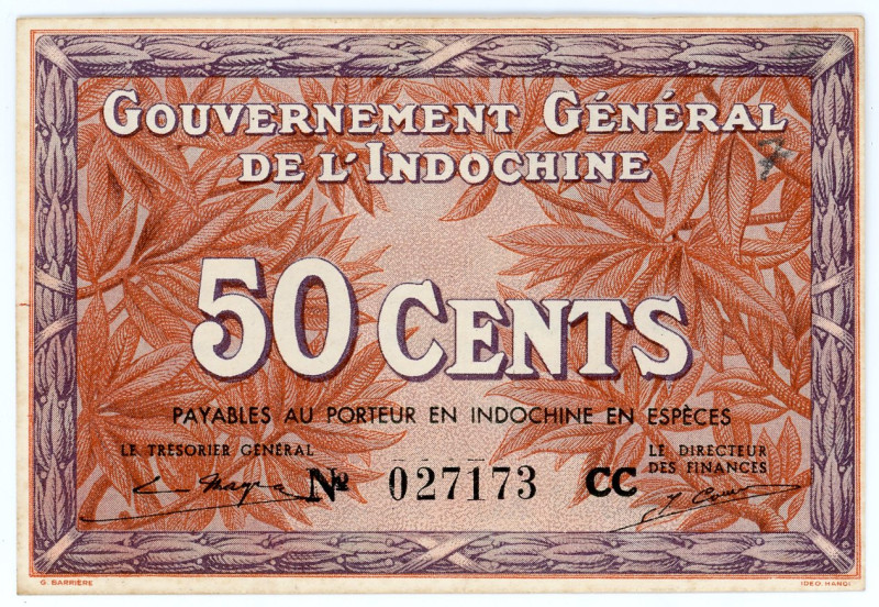 French Indochina 50 Cents 1939 (ND)
P# 87d, N# 210338; # 027173 CC; XF-AUNC