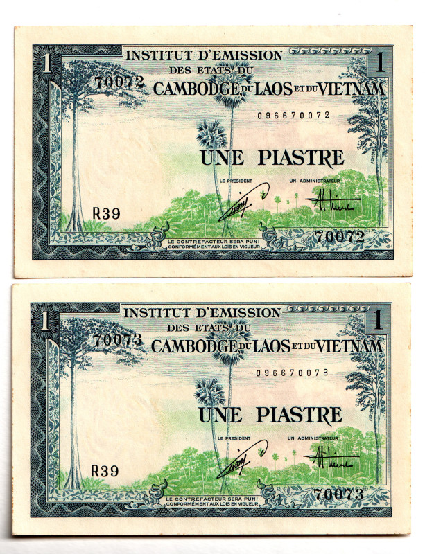 French Indochina 2 x 1 Piastre 1954 (ND)
P# 105, N# 208681; # 096670073-0072; U...