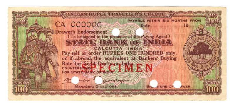 India Travel Check 100 Rupees 1970 (ND) Specimen
# CA 000000; AUNC