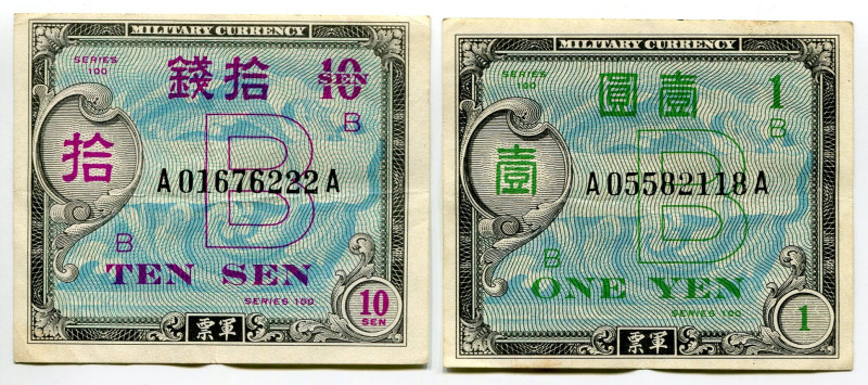 Japan 10 Sen & 1 Yen 1945 (ND) Allied Occupation 
P# 63, 67a, VF