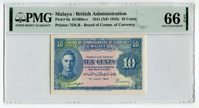 Malaya 10 Cents 1941 (1945) (ND) PMG 66EPQ
P# 8a, N# 208691