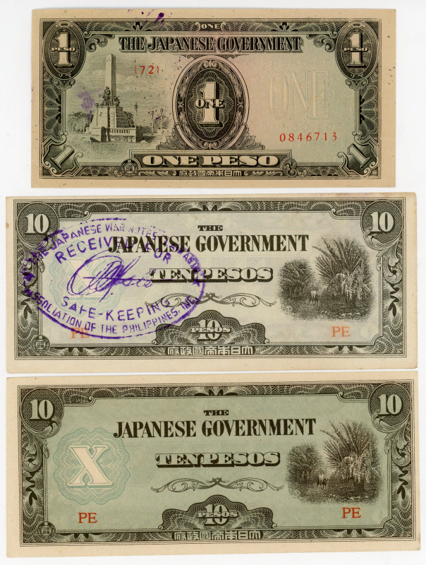 Philippines 1 - 2 x 10 Pesos 1942 (ND) Japanese Occupation 
P# 106, 108, UNC-