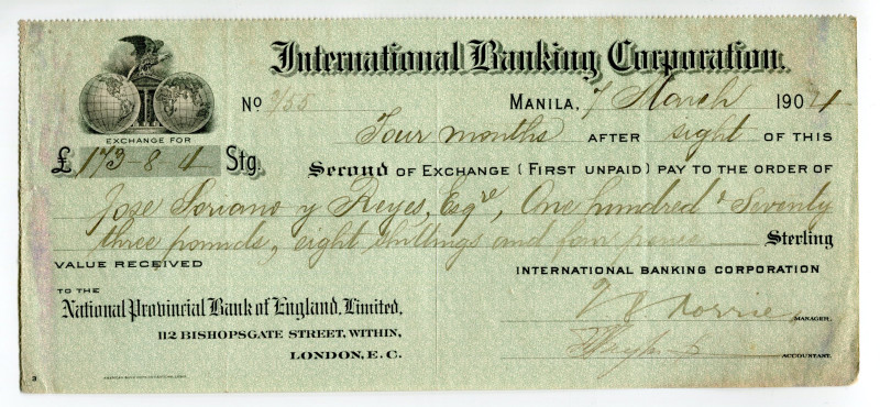 Philippines International Banking Corporation Check for 173.8.4 Pounds 1904
Man...