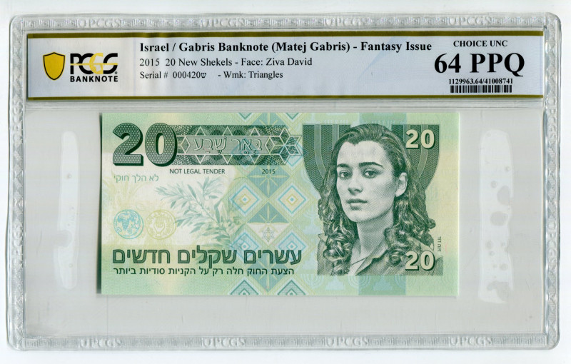 Israel 20 New Shekel 2015 PCGS 64PPQ
P# N/L, # 000420w; Gabris Banknote - Fanta...