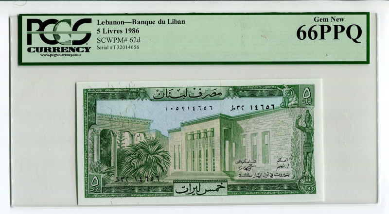 Lebanon 5 Livres 1986 PCGS 66PPQ
P# 62d, N# 203045; # T32014656