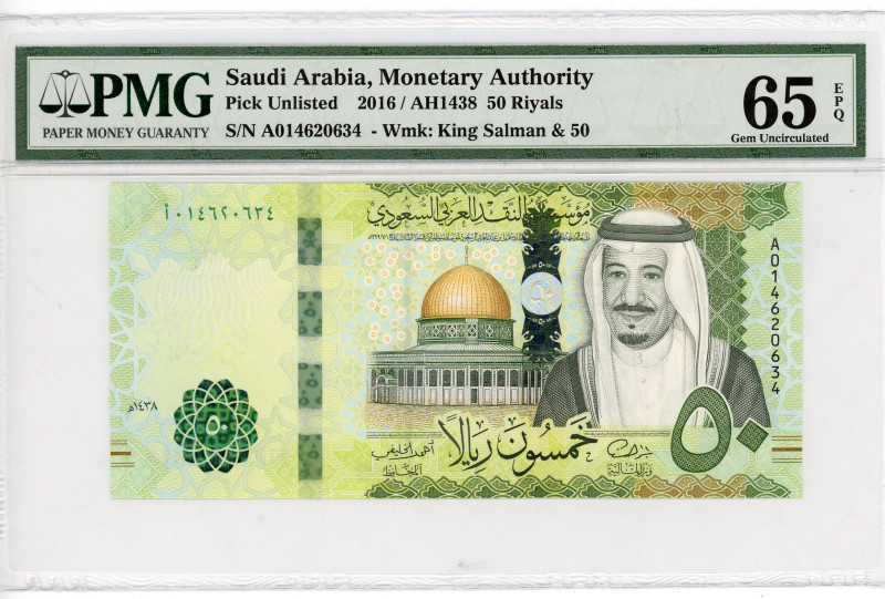 Saudi Arabia 50 Riyals 2016 AH 1438 PMG 65EPQ
P# 40a, N# 213516; # A014620634