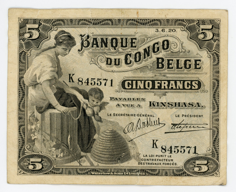 Belgian Congo 5 Francs 1920 Error Print
P# 4A, N# 258706; #K845571; Kinshasa; S...