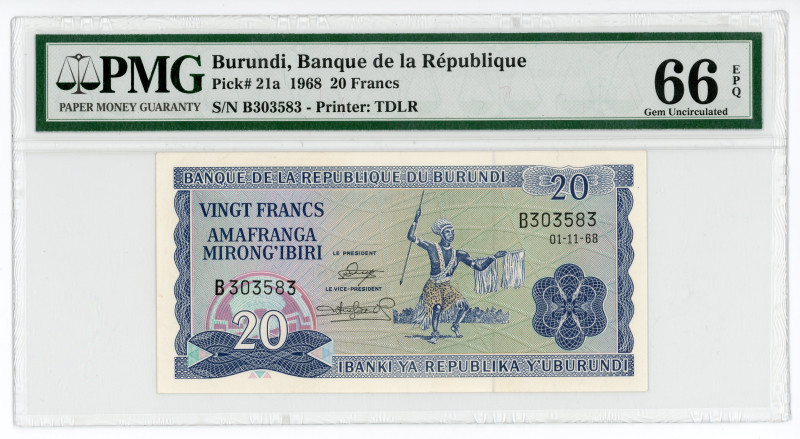 Burundi 20 Francs 1968 PMG 66 EPQ
P# 21a, N# 205812; #B303583; UNC