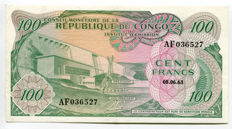 Congo 100 Francs 1963
P# 1a, N# 259287; # AF036527; XF