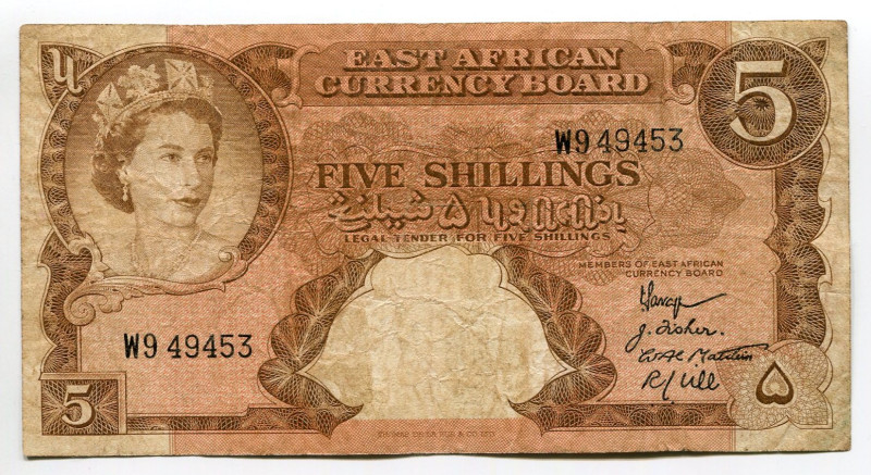 East Africa 5 Shillings 1958 - 1960 (ND)
P# 37, N# 227248; # W9 49453; VF-