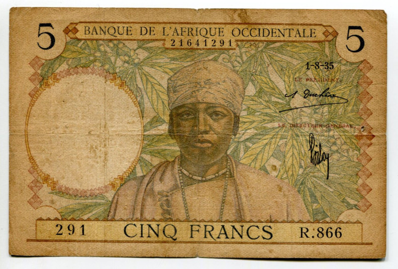 French West Africa 5 Francs 1935
P# 21, N# 206411; # 291 R.866; F