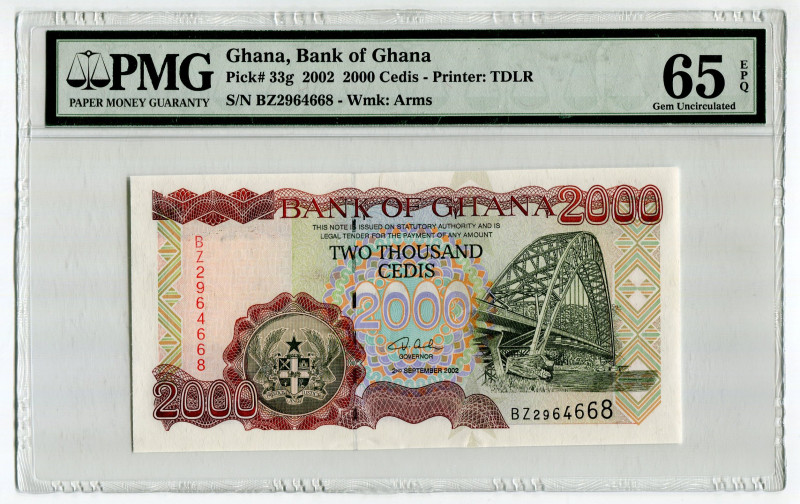 Ghana 2000 Cedis 2002 PMG 65EPQ
P# 33g, N# 205652; # BZ2964668