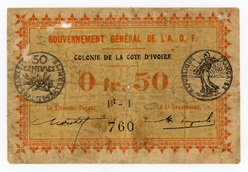 Ivory Coast 50 Centimes 1917
P# 1c, N# 270783; # 760; VF-, holes