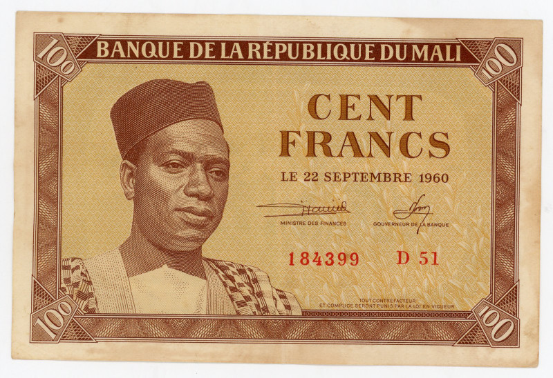 Mali 100 Francs 1960
P# 2, N# 239646; # D51 184399; XF