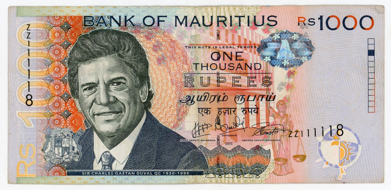 Mauritius 1000 Rupees 2015 Replacement
P# 63br, N# 212477; #ZZ111118; Fancy num...