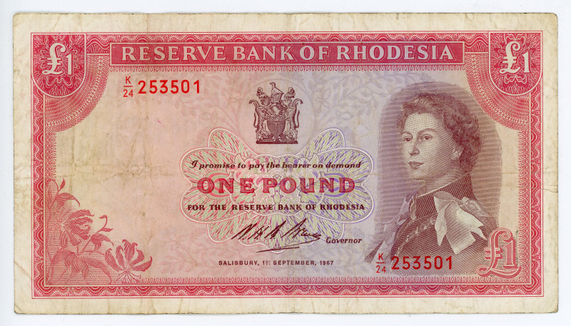 Rhodesia 1 Pound 1967
P# 28c, N# 237442; #K/24 253501; VF