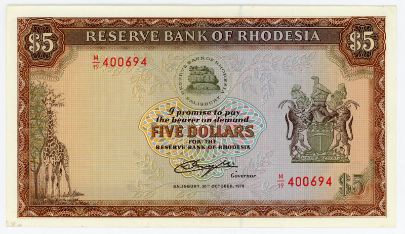 Rhodesia 5 Dollars 1978
P# 36b, N# 237074; # M/19 400694; VF