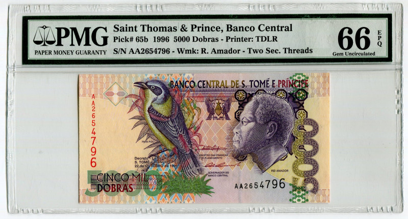 Saint Thomas & Prince 5000 Dobras 1996 PMG 66EPQ
P# 65b, N# 201568; # AA2654796