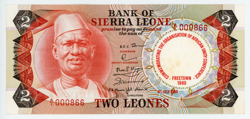 Sierra Leone 2 Leones 1980 Commemorative
P# 11, N# 217096; # A/1 000866; OAU Co...