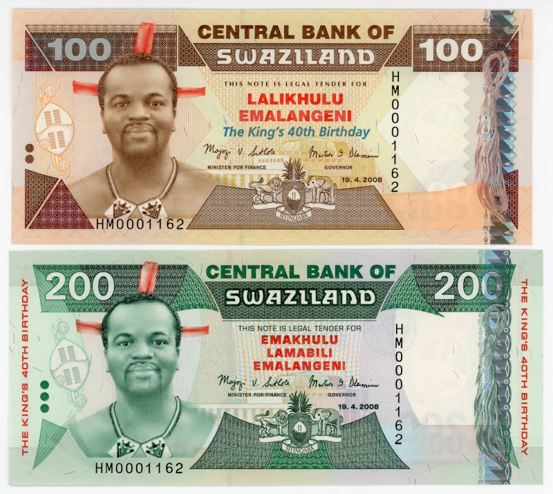 Swaziland 100 - 200 Emalangeni 2008 The Same Number
P# 34 - 35, #HM 0001162; UN...