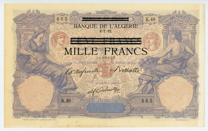 Tunisia 1000 Francs on 100 Francs 1942 - 1943 (ND)
P# 31, N# 243249; #K.48 465;...