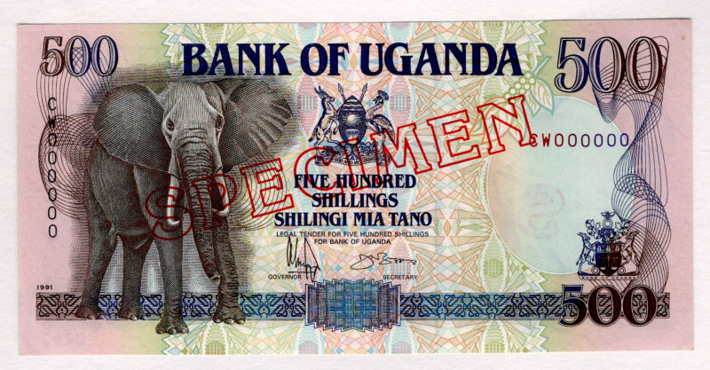 Uganda 500 Shillings 1991 Specimen
P# 33s, N# 224467; # CW000000; UNC