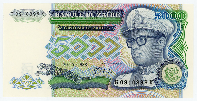 Zaire 5000 Zaires 1988
P# 37b, N# 210412; # G0910898K; UNC