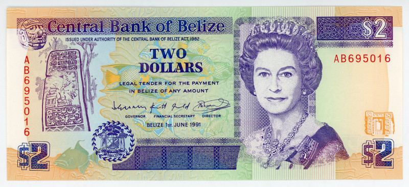 Belize 2 Dollars 1991
P# 52b, N# 205515; # AB695016; UNC