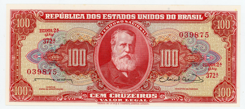 Brazil 100 Cruzeiros 1963
P# 180, N# 206063; # 372A 039875; UNC