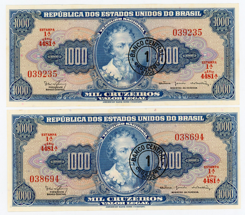 Brazil 2 x 1 Cruzeiros Novos on 1000 Cruzeiros 1967 (ND) Overprint
P# 187b, N# ...