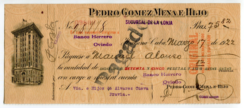 Cuba Pedro Gomez Mena e Hijo Check for 65 Pesetas 1922
Habana